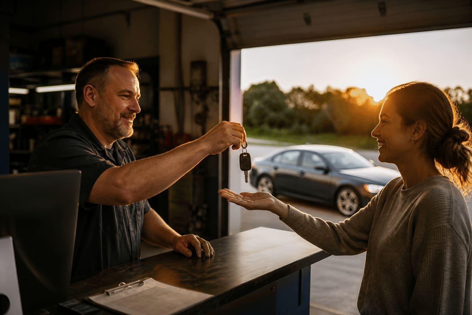 Service advisor handing keys back to a customer