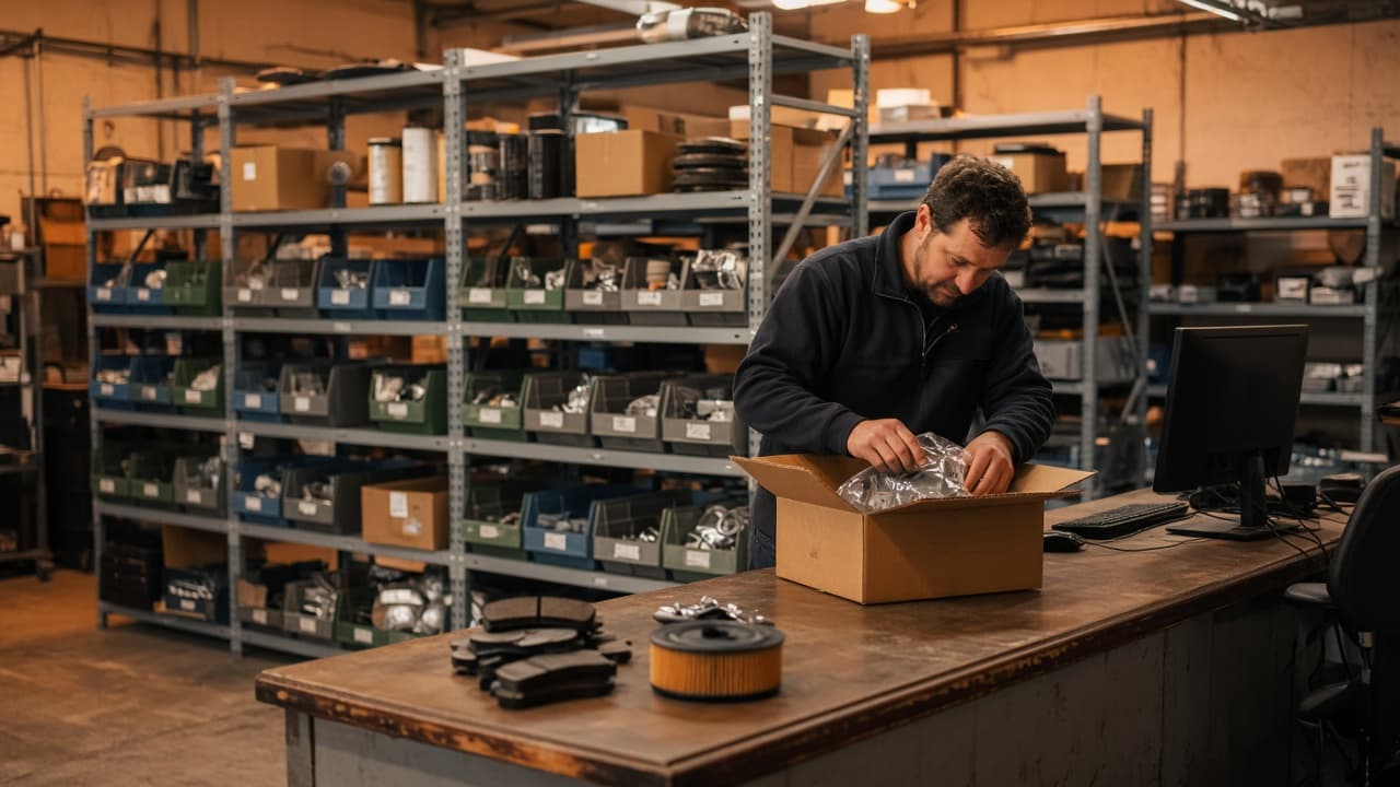 Parts room and counter at an independent shop