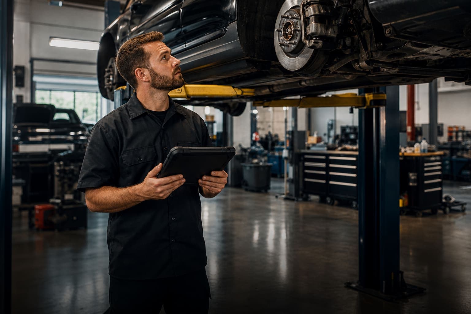 Technician inspecting a vehicle on a lift with a tablet